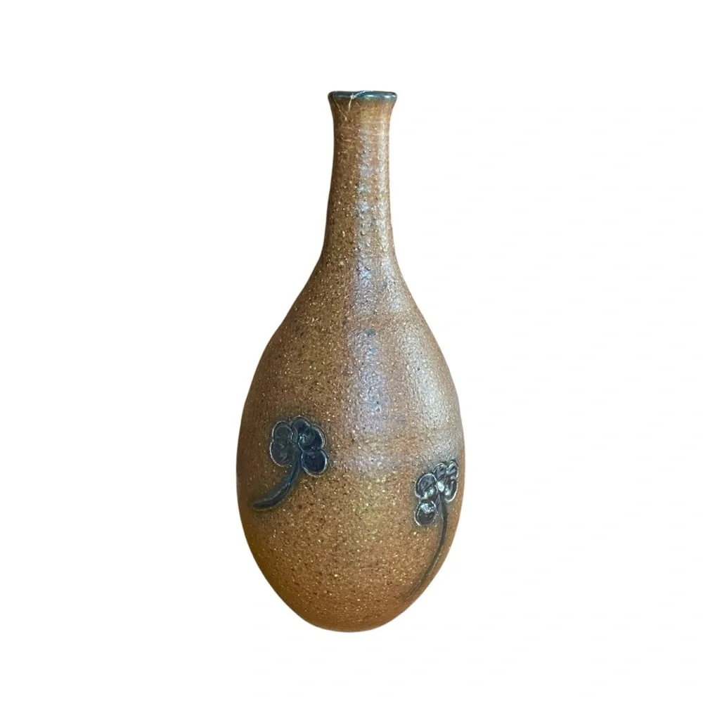 Hand Crafted Brown Vase with Black Floral Design